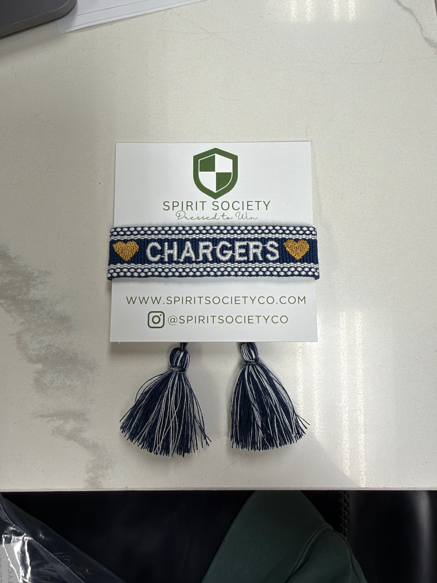 Bracelet woven tassels, Spirit Society, navy CHARGERS with gold hearts