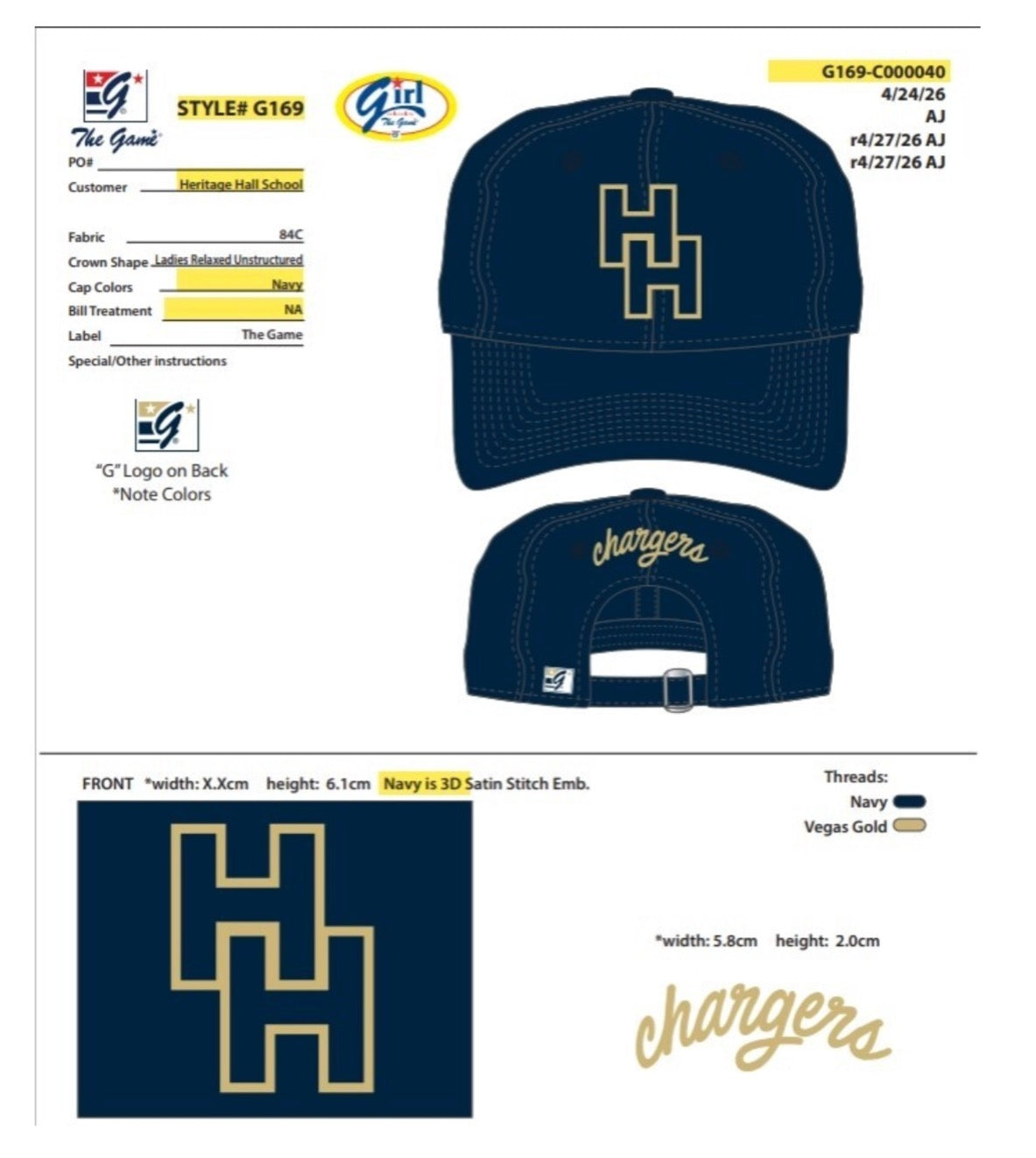 The Game hat, ladies, navy, stacked H outline chargers