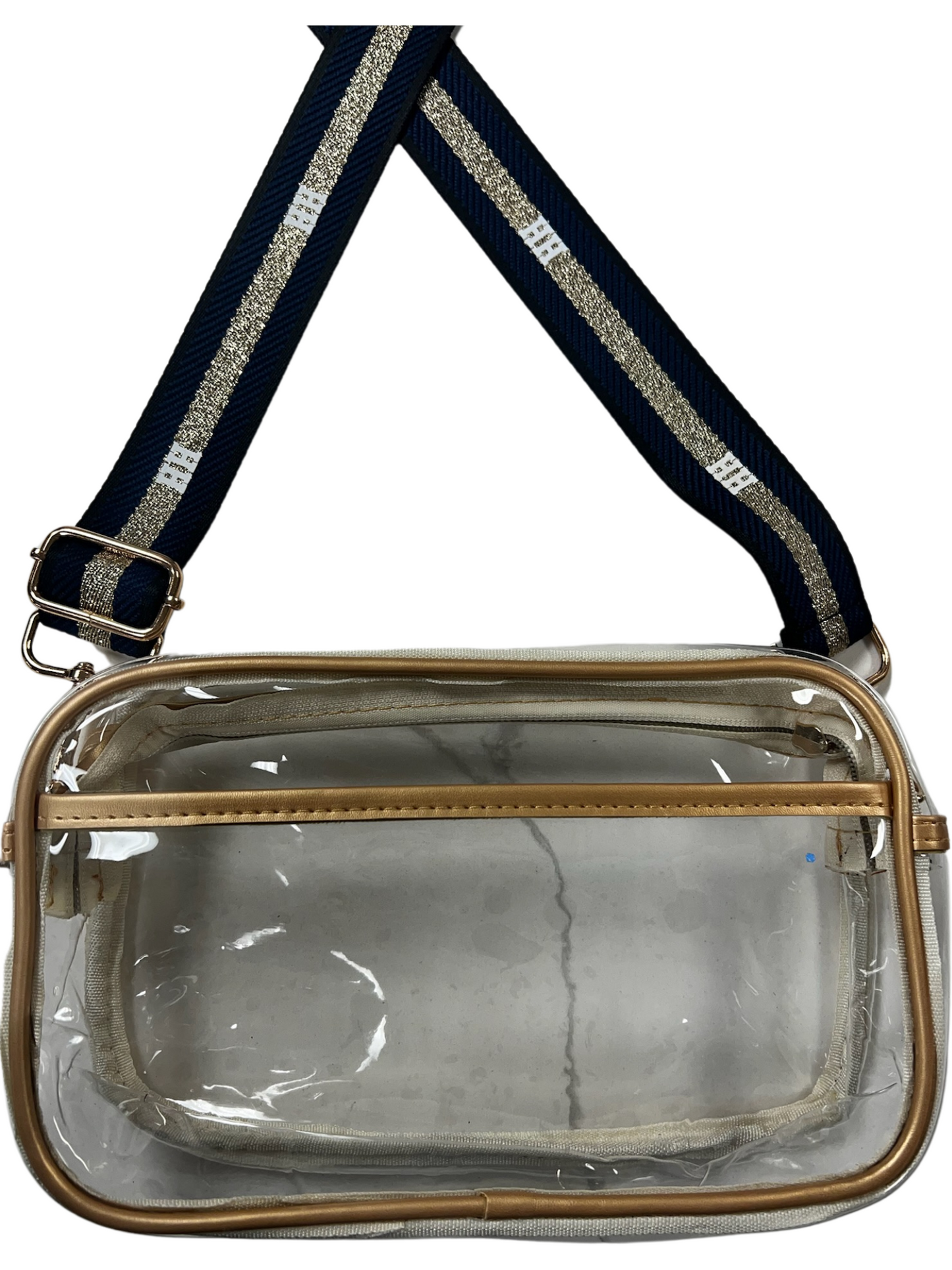 Clear purse with gold piping, navy/gold, white HH strap