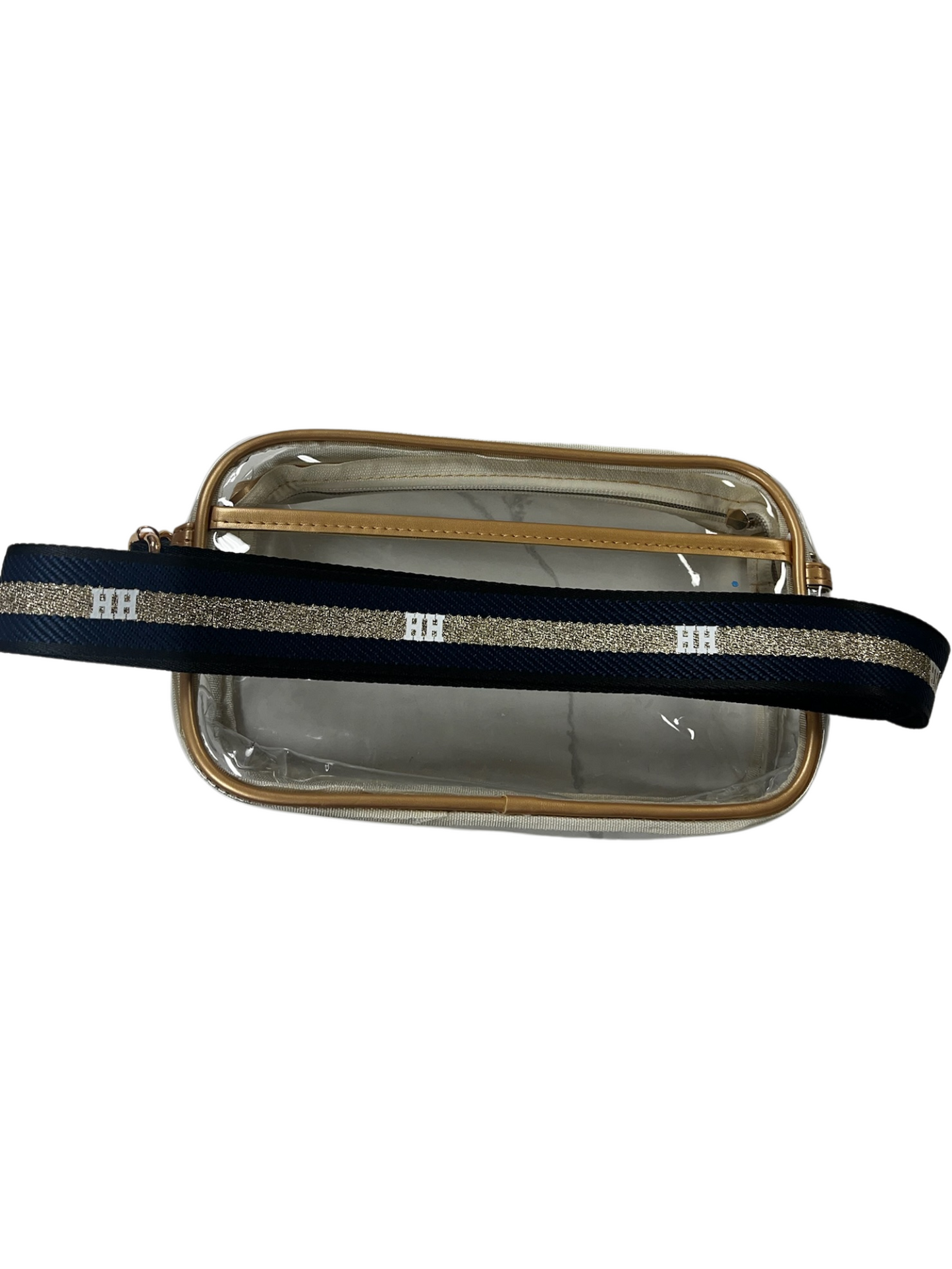 Clear purse with gold piping, navy/gold, white HH strap