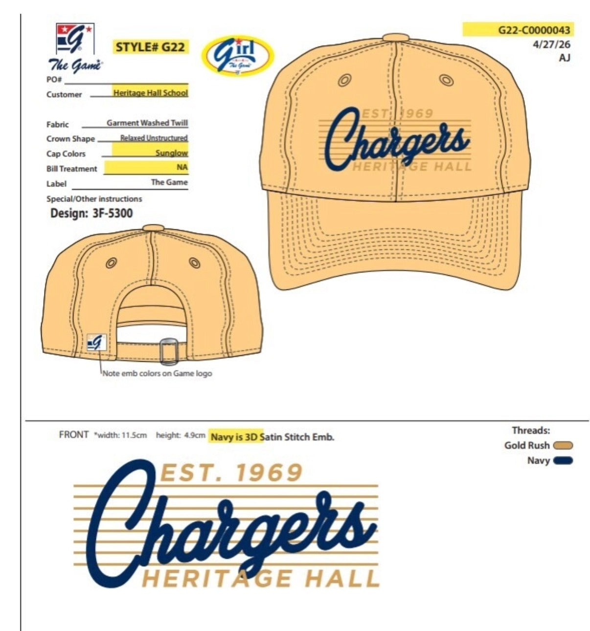The Game hat, ladies, sunglow, Chargers in navy