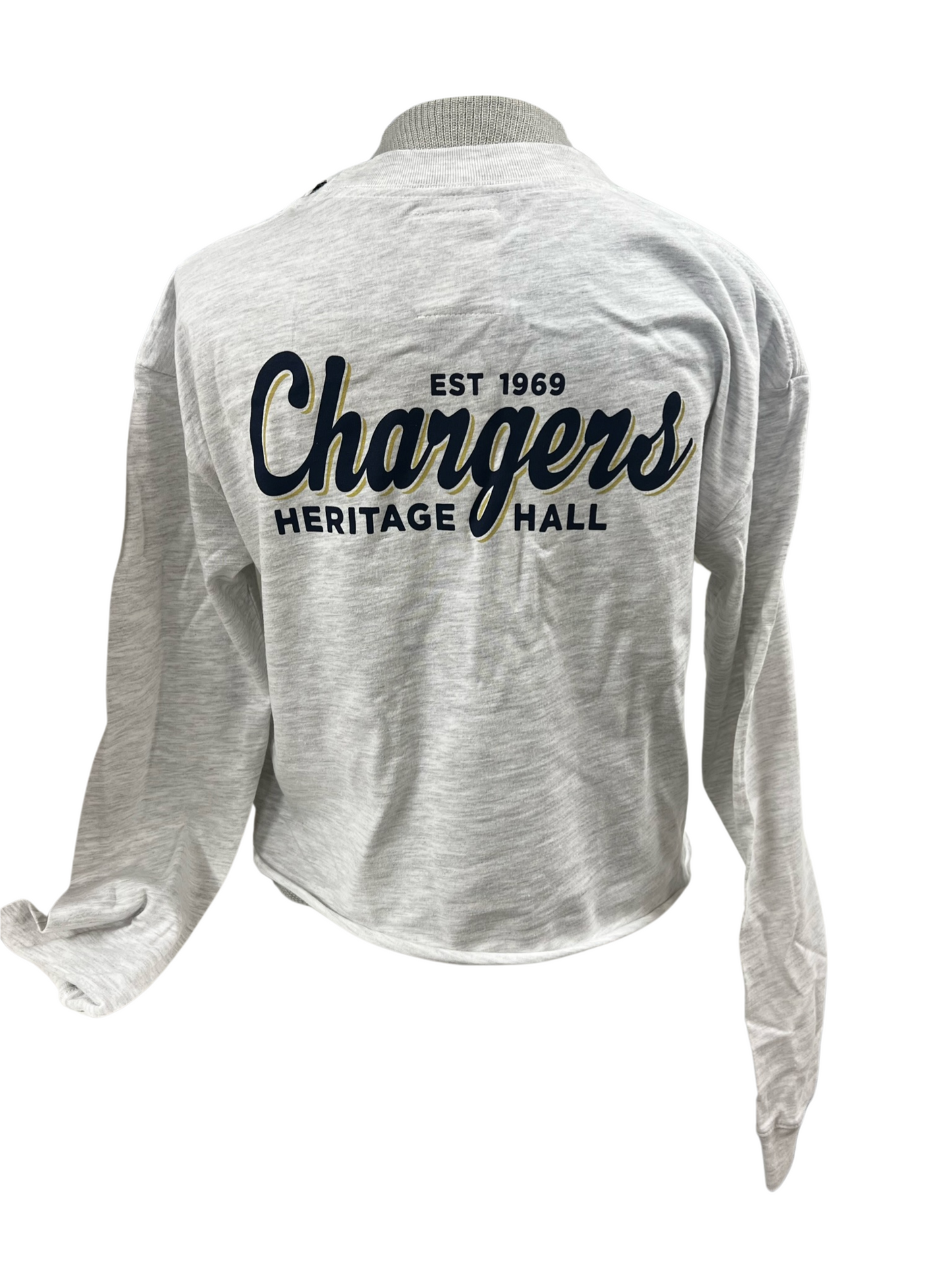 *Women's long sleeve t-shirt, cropped, grey, front pocket horse