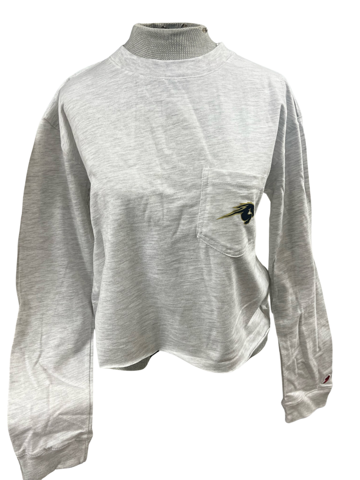 *Women's long sleeve t-shirt, cropped, grey, front pocket horse