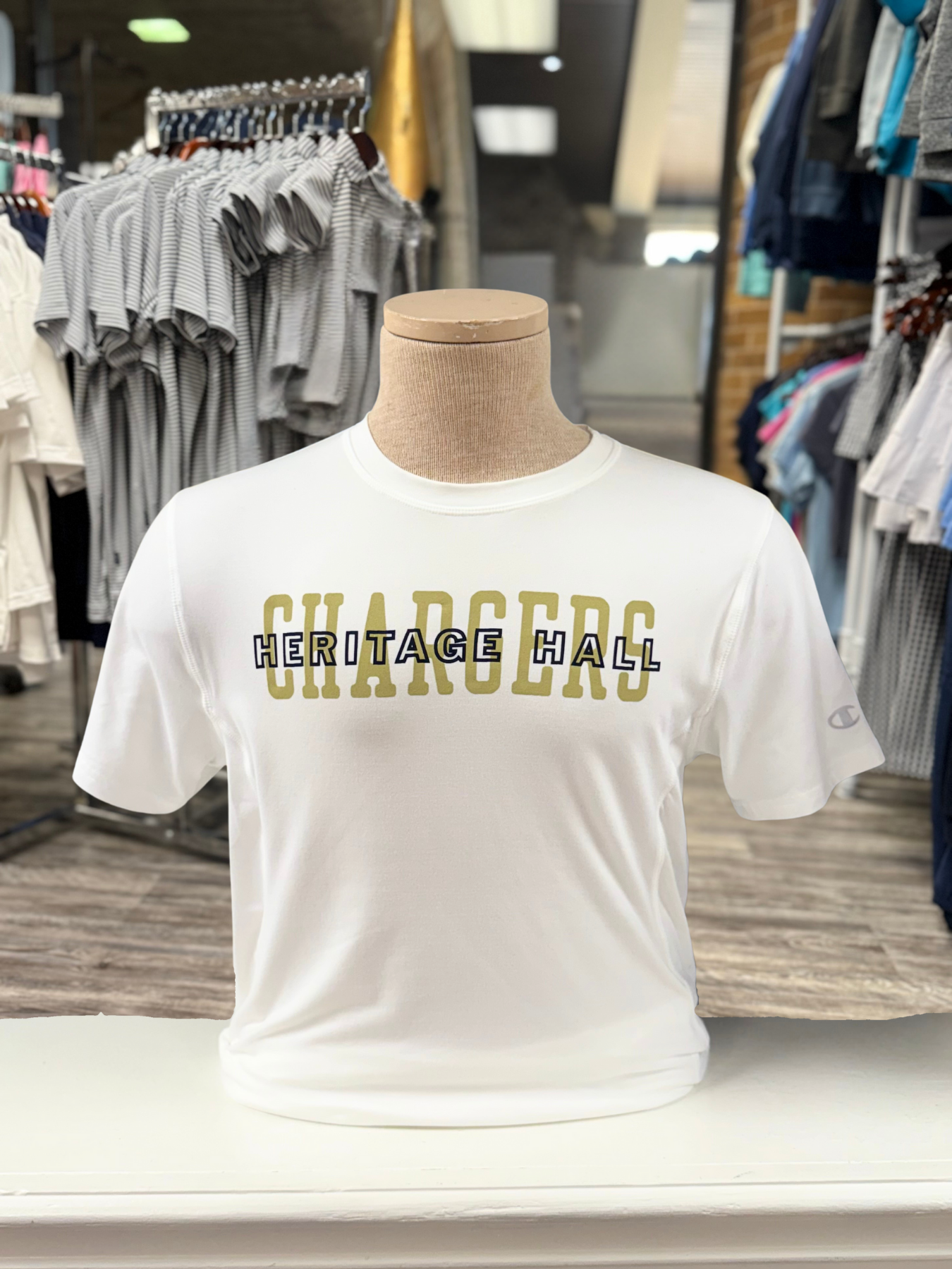 Men's Champion T-Shirt, white, Chargers gold, navy Her Hall