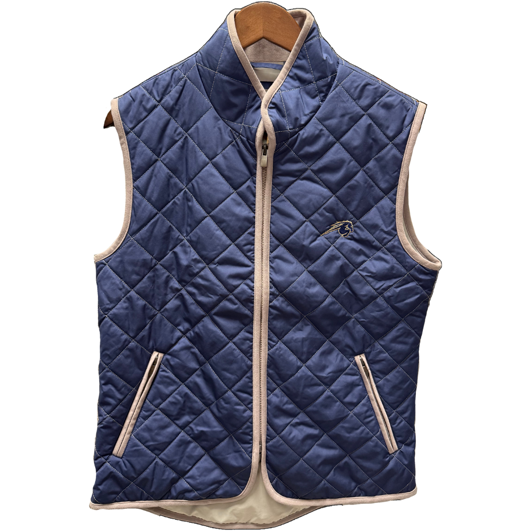 Men's Horn Legend quilted navy vest, tan trim