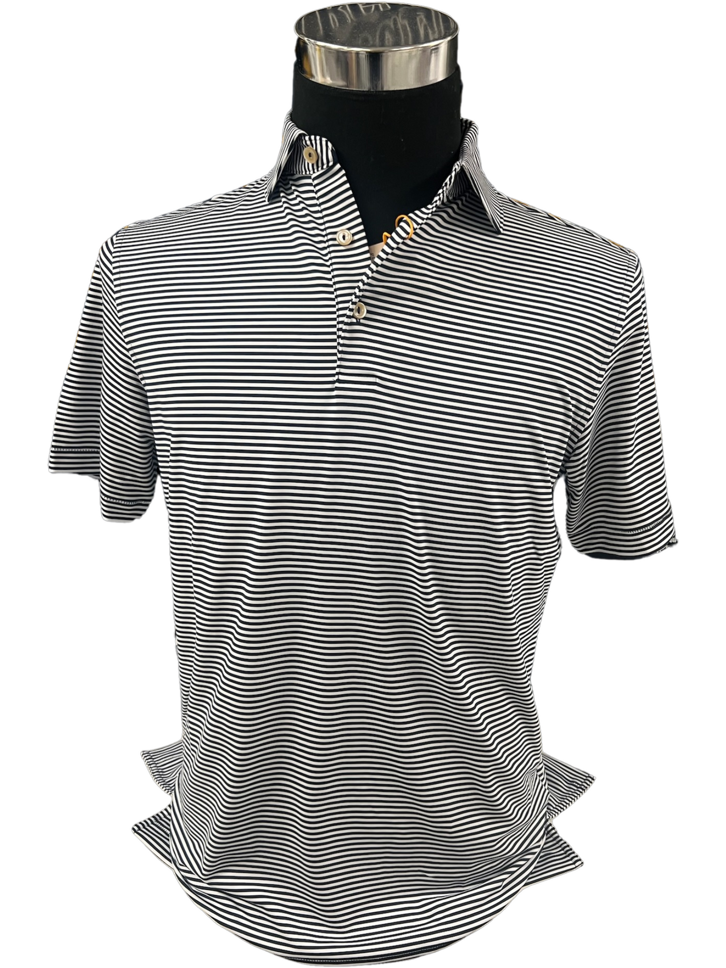 *Men's Peter Millar Polo, navy/white striped, sleeve stacked Hs