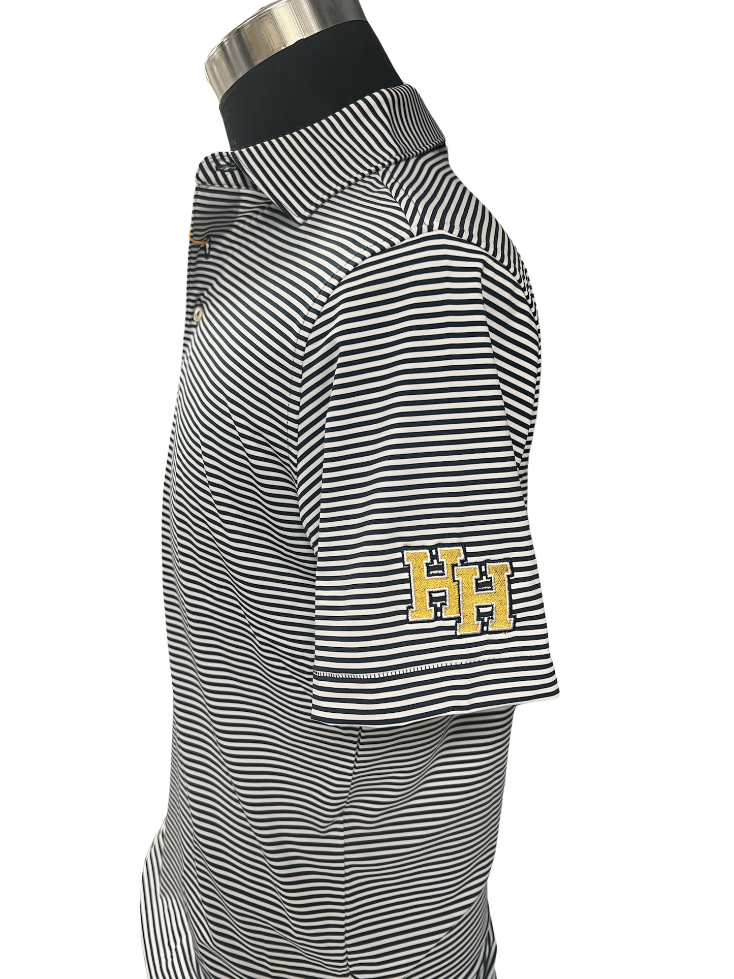 *Men's Peter Millar Polo, navy/white striped, sleeve stacked Hs