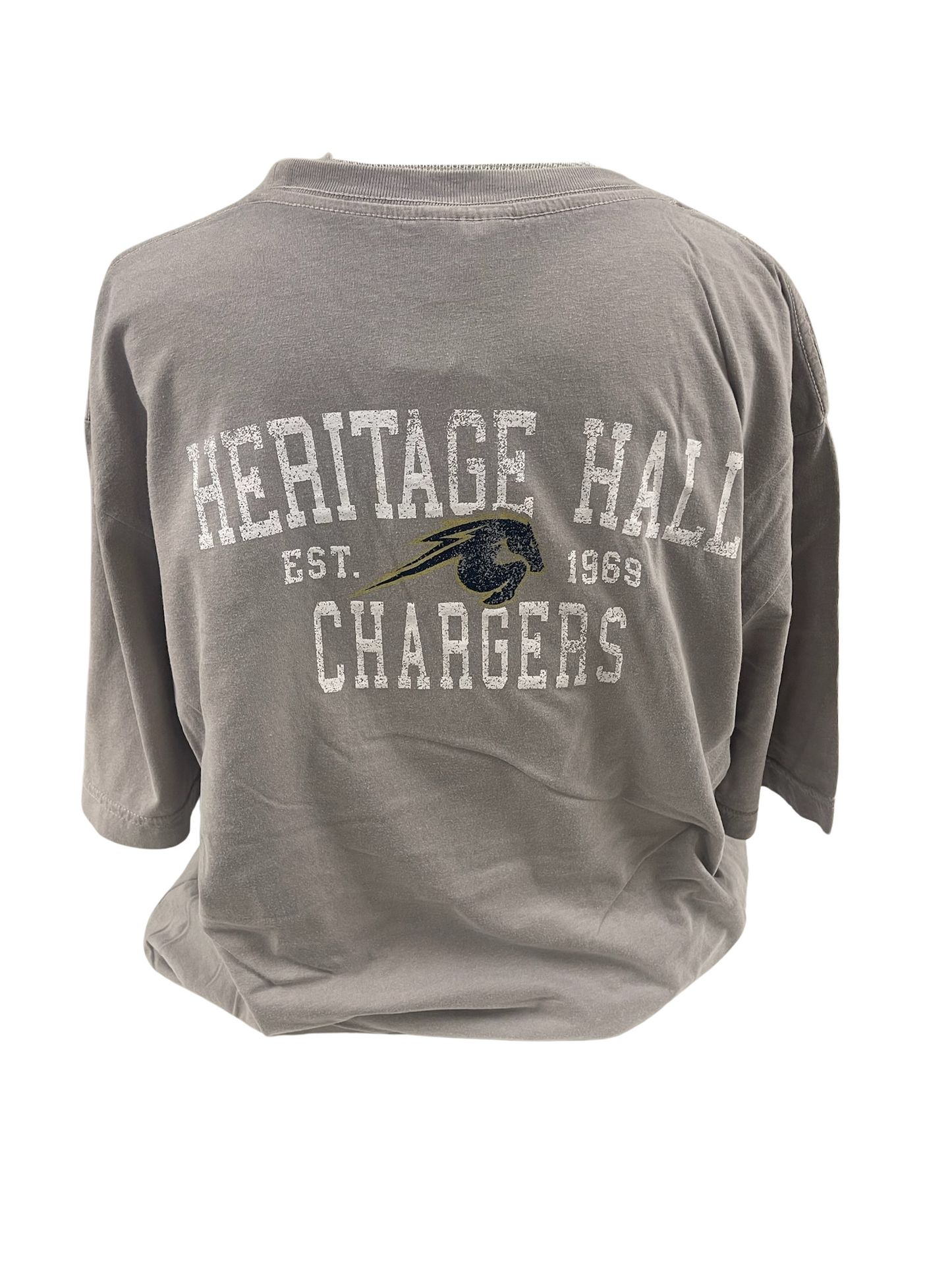 *Men's T-shirt, graystone, horse with HER HALL Chargers on back