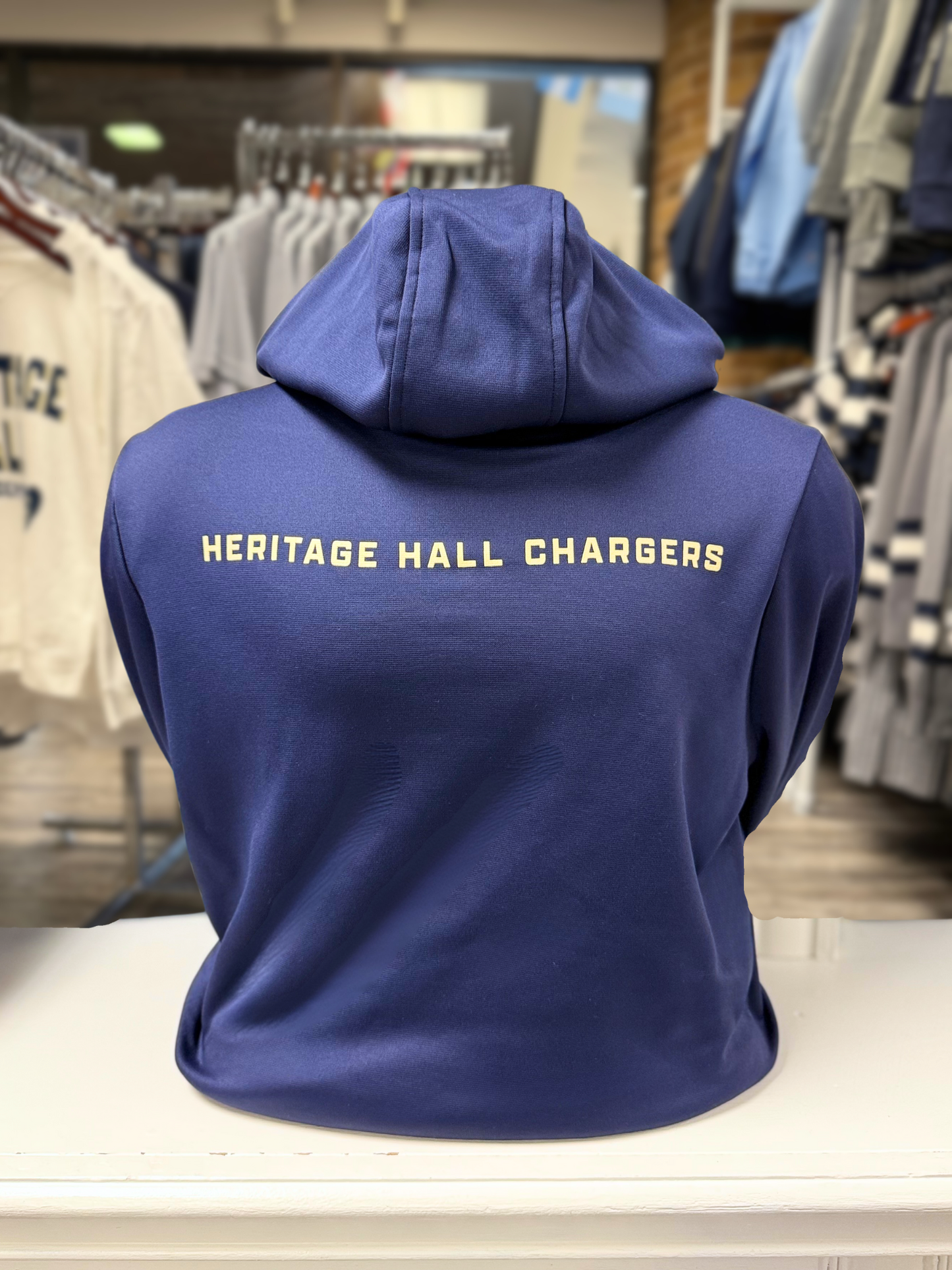 *Men's UA fleece 1/4 zip hood, navy, Heritage Hall Chargers