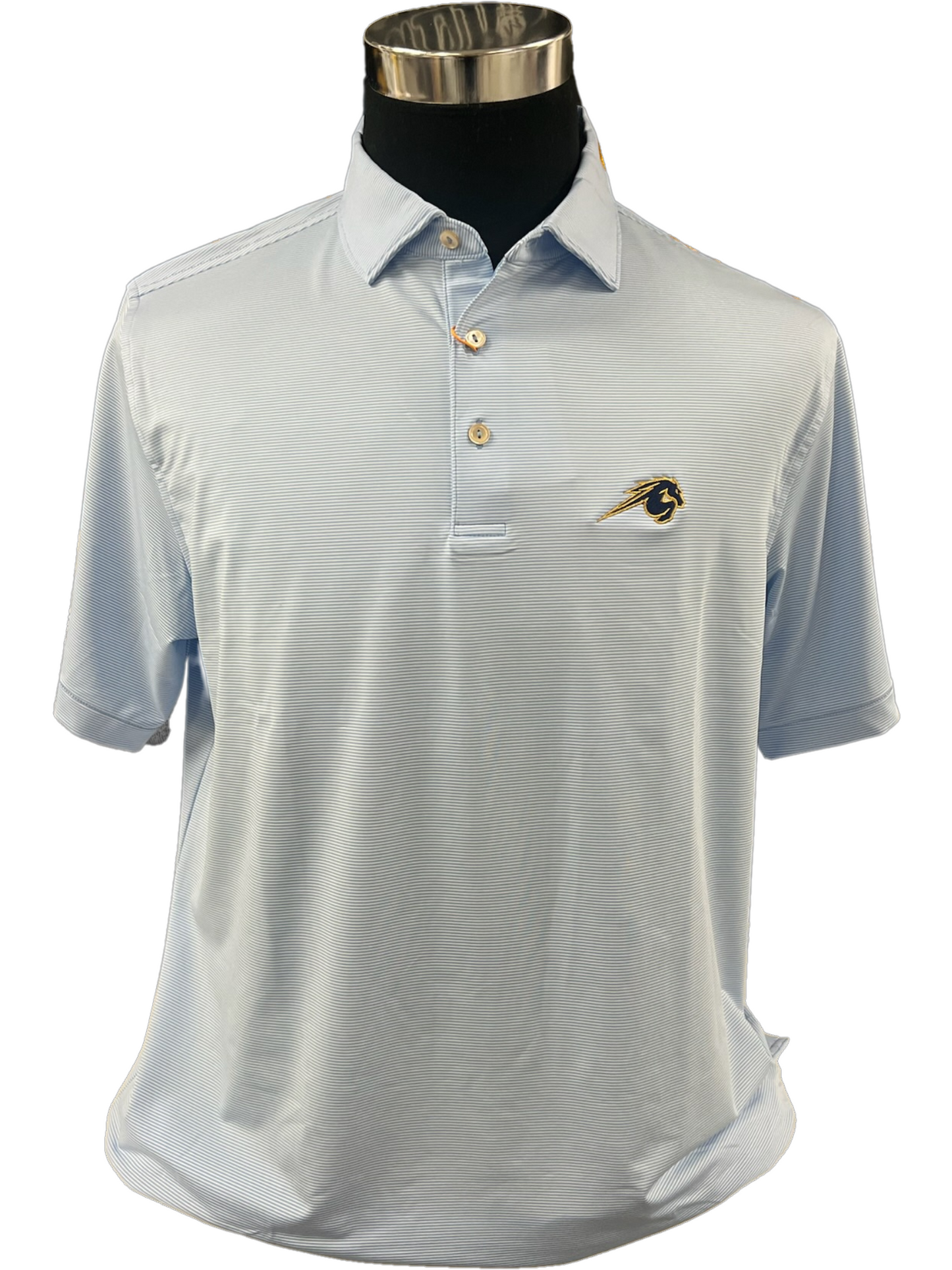 *Men's blue/white striped polo, Charger Horse