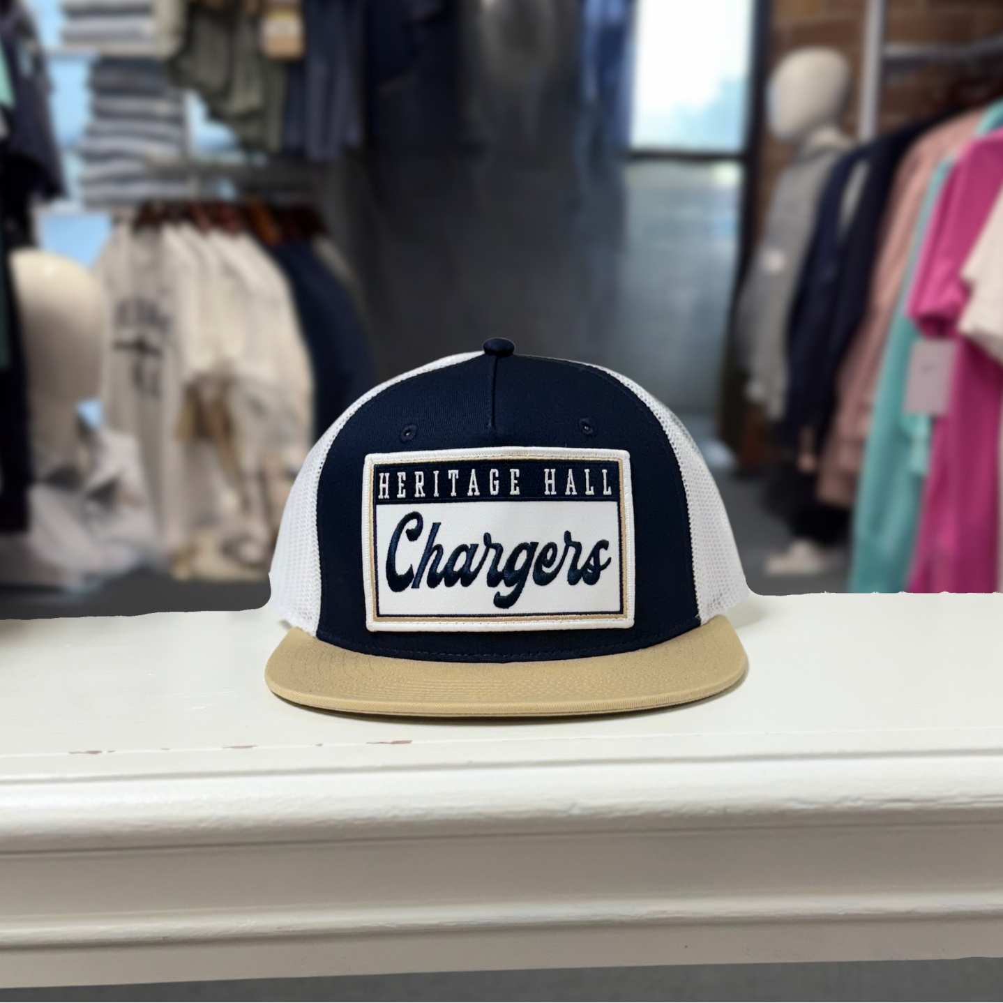 The Game Hat, navy/white, tan bill, Chargers script