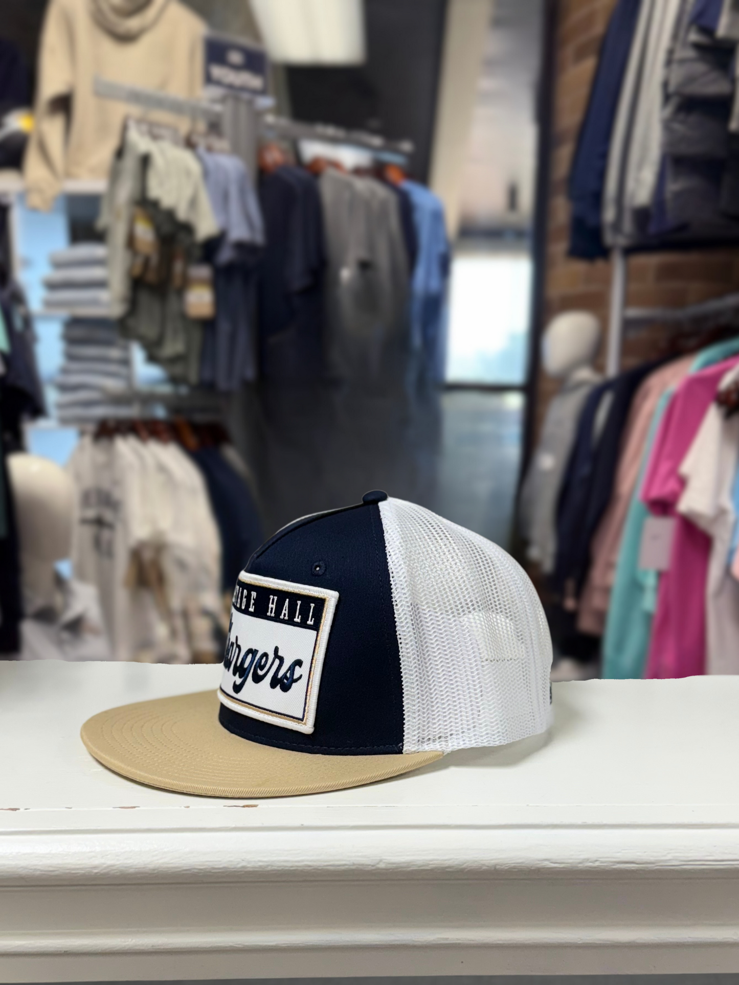 The Game Hat, navy/white, tan bill, Chargers script