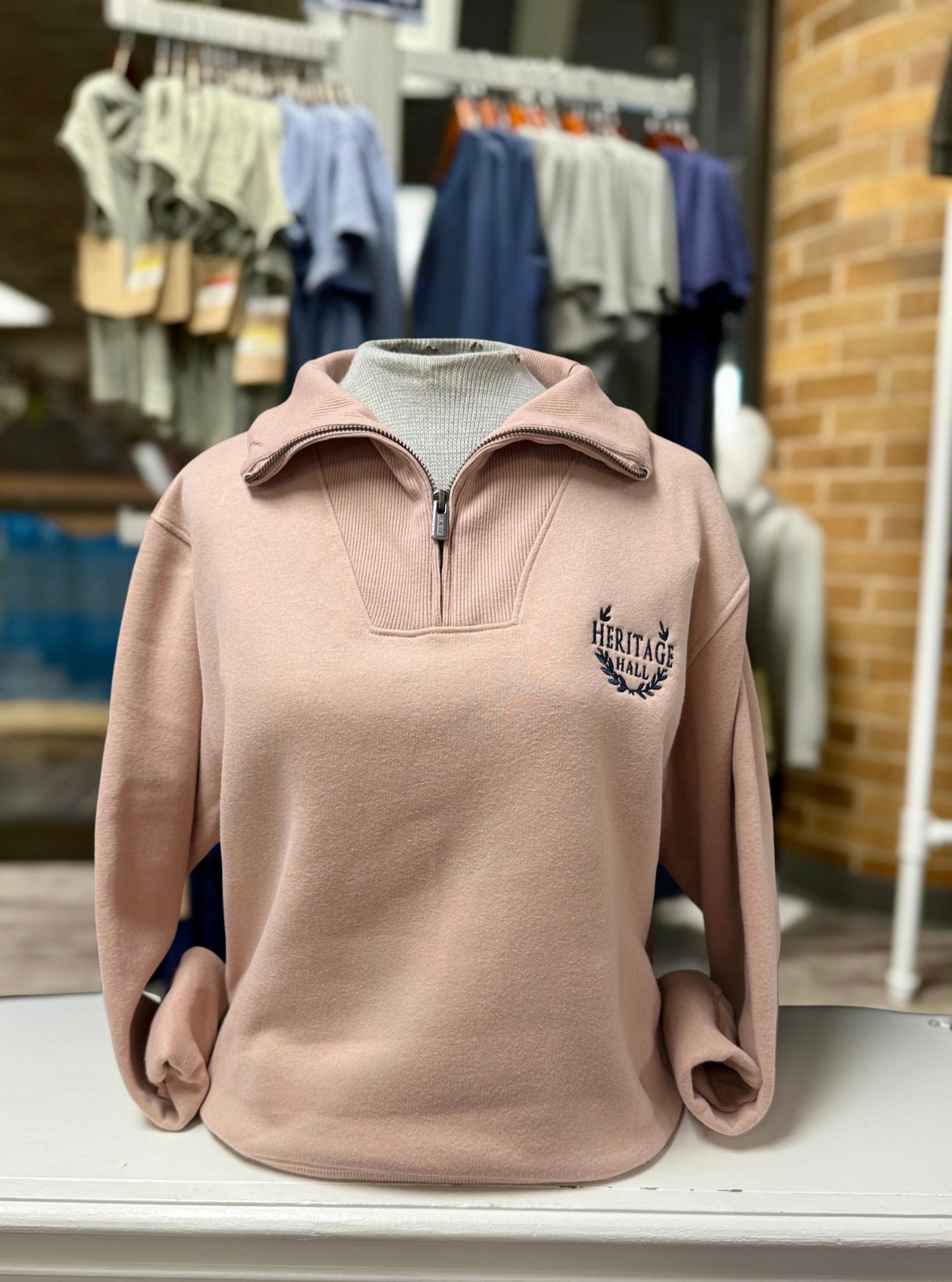 Women's 1/4 zip Sweatshirt, Rose, Her. Hall leaves