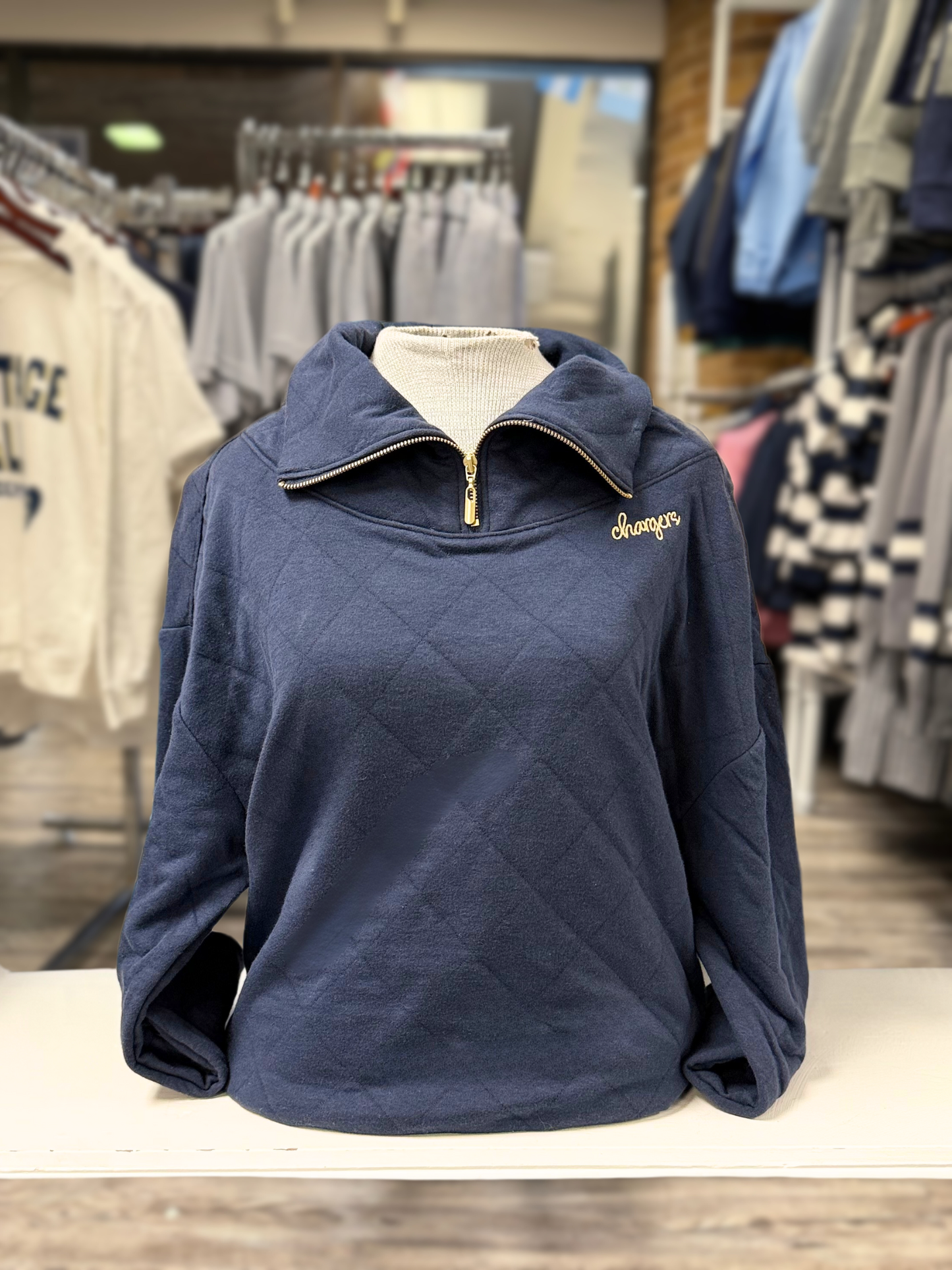 Women's Quilted 1/4 zip mock neck, navy, Chargers, script