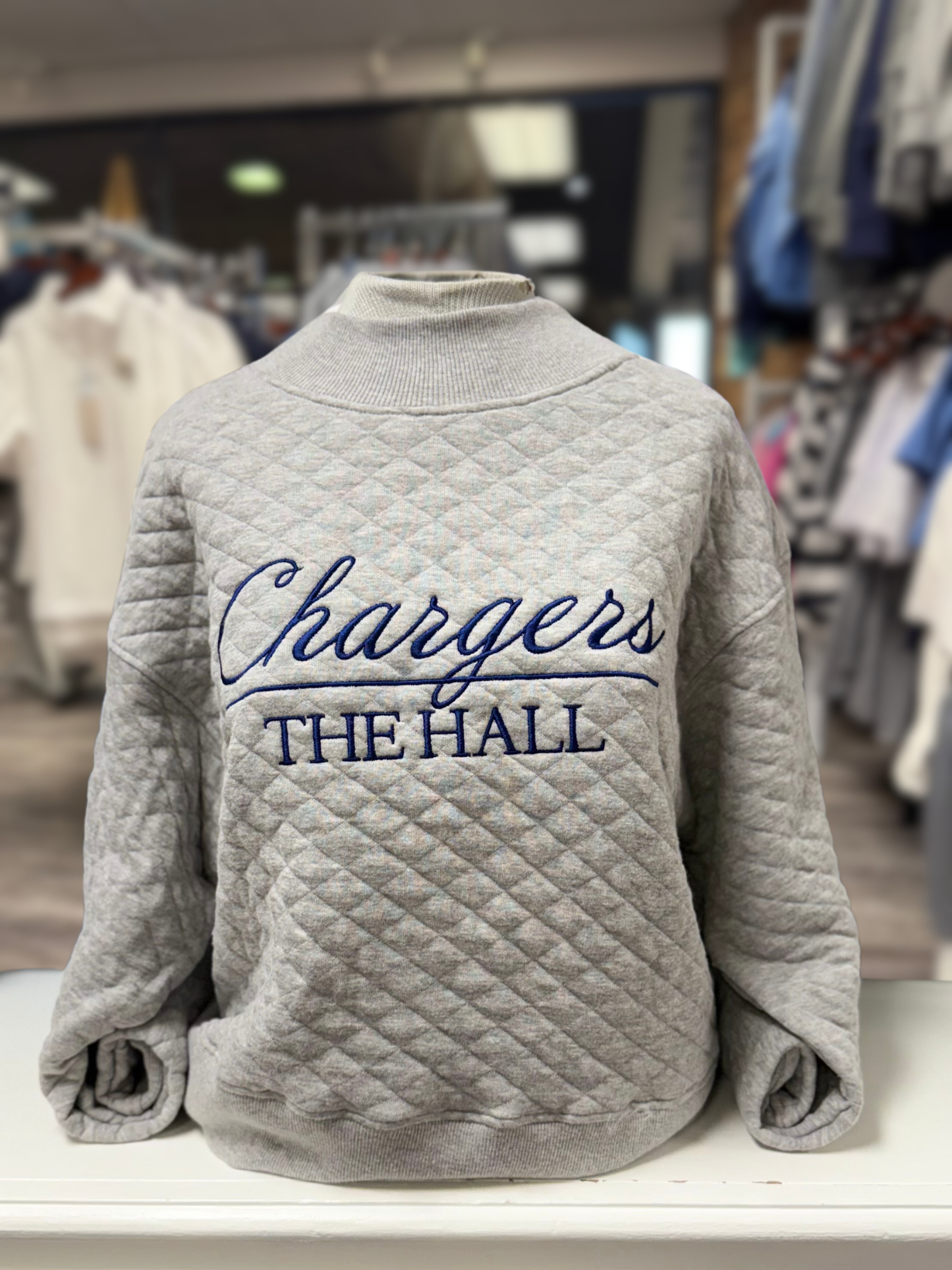 Women's Quilted Mock-Neck Sweatshirt, grey, Chargers over The Hall