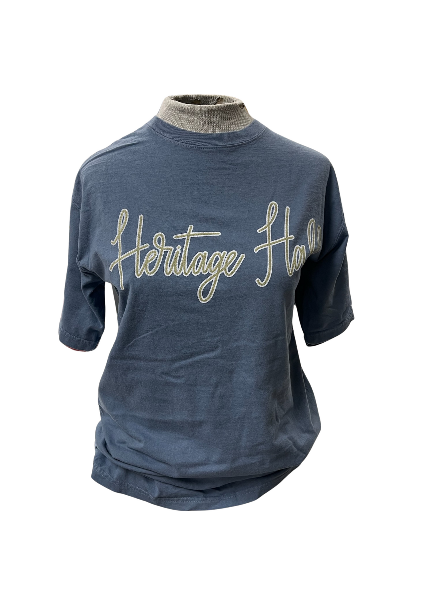 *Women's SS t-shirt, blue, Heritage Hall gold/white script