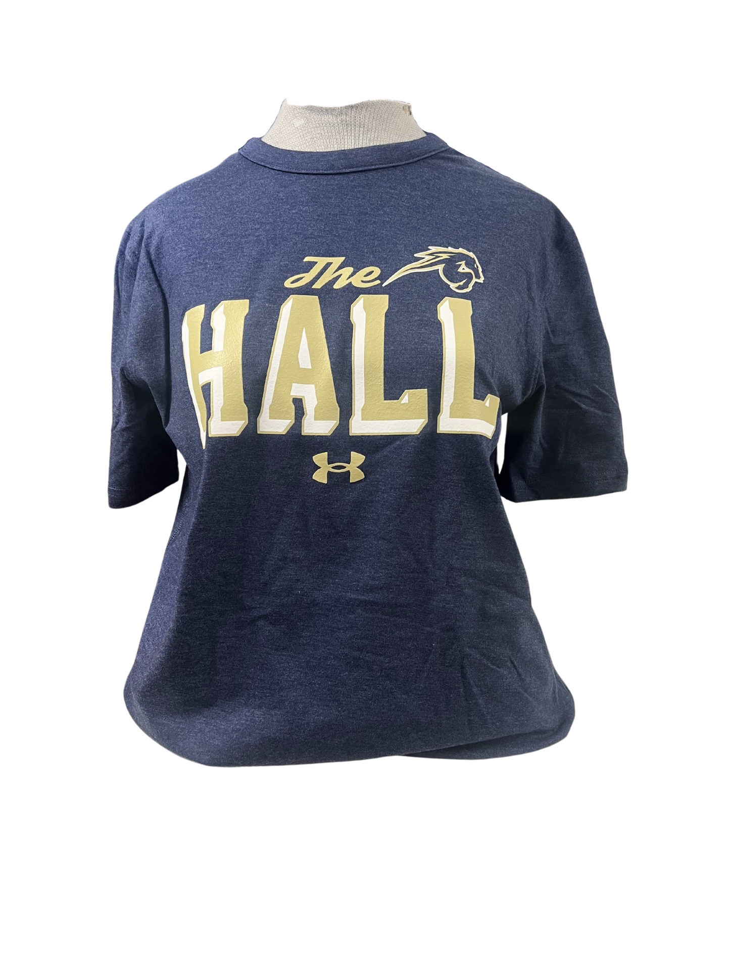 *Women's T-shirt, navy, "The" script HALL with shadow gold
