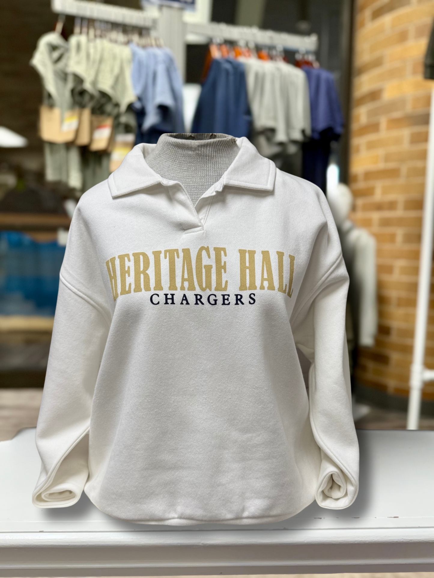 Women's collared sweatshirt, white, Heritage Hall gold