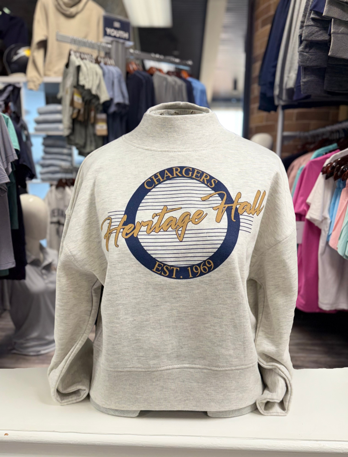 Women's mock neck sweatshirt, grey, retro logo