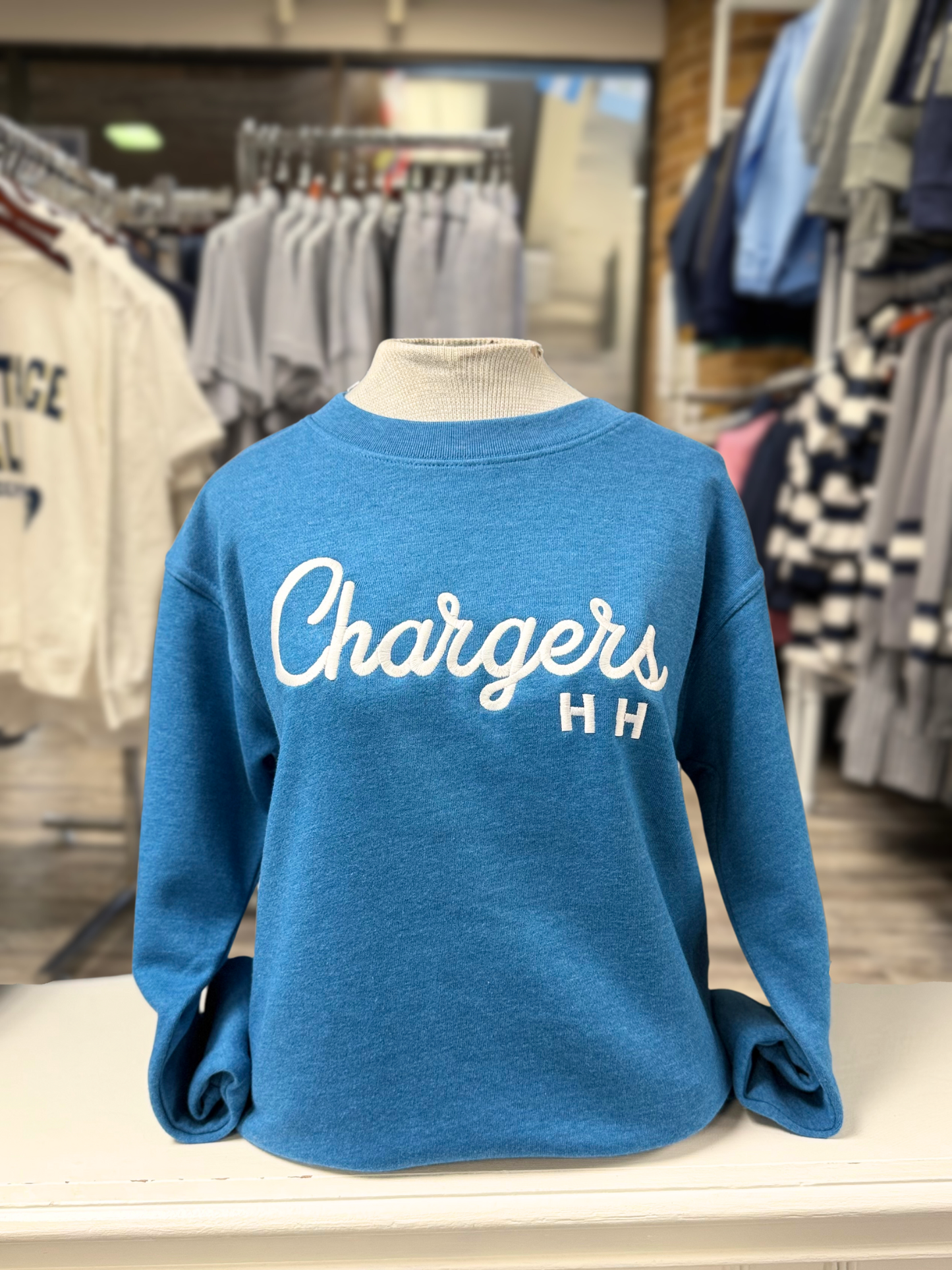 Women's sweatshirt, heather sapphire, script Chargers