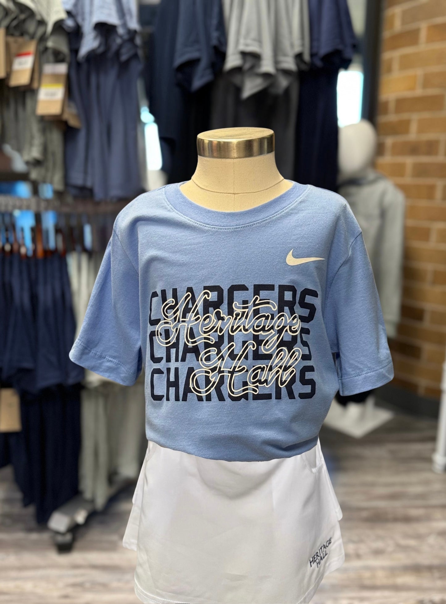 Youth Nike Cotton T-Shirt, blue, script Heritage Hall over Chargers