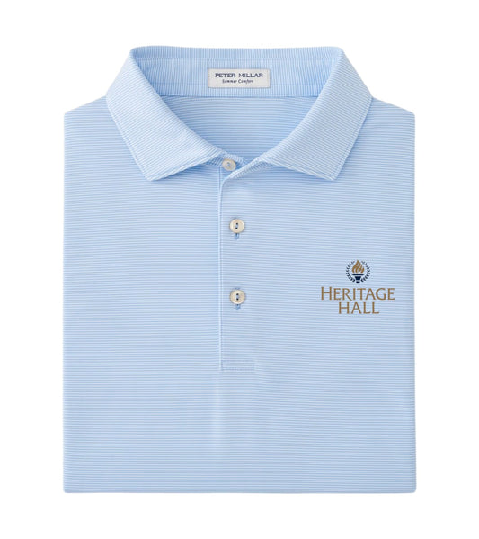 Charger Corner Peter Millar collegiate polo in cottage blue stripe with Heritage Hall torch logo embroidery