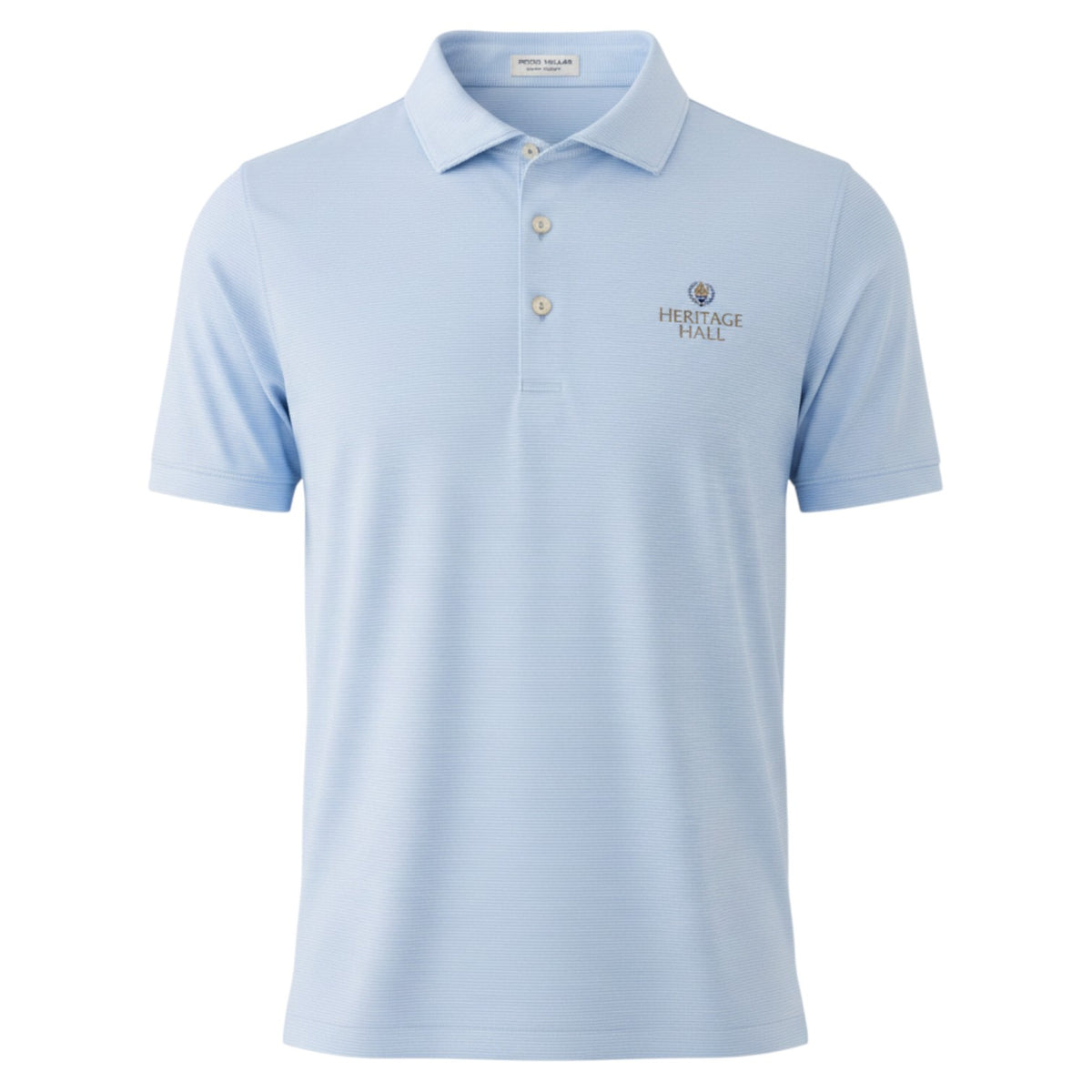 Charger Corner Peter Millar collegiate polo in cottage blue stripe with Heritage Hall logo and three-button placket.