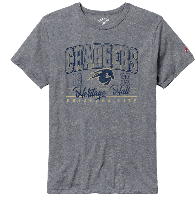 Adult T-Shirt, League, grey, Chargers 1969 horse logo HHall OklaCity