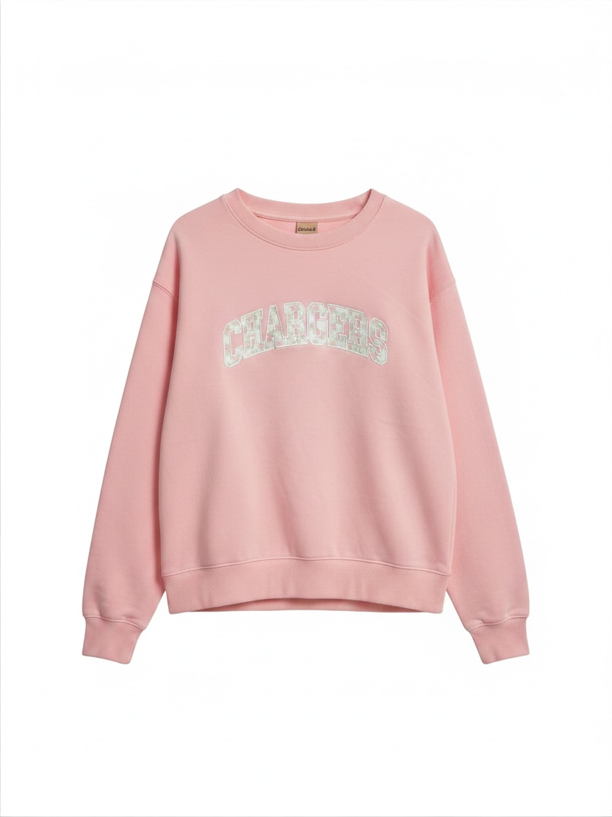 Women's Crew Sweatshirt, chicka-d, baby pink, CHARGERS floral applique