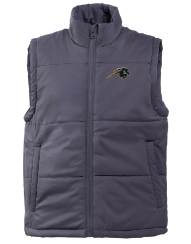 Boys’ Sky quilted vest, Garb, charcoal grey, horse logo