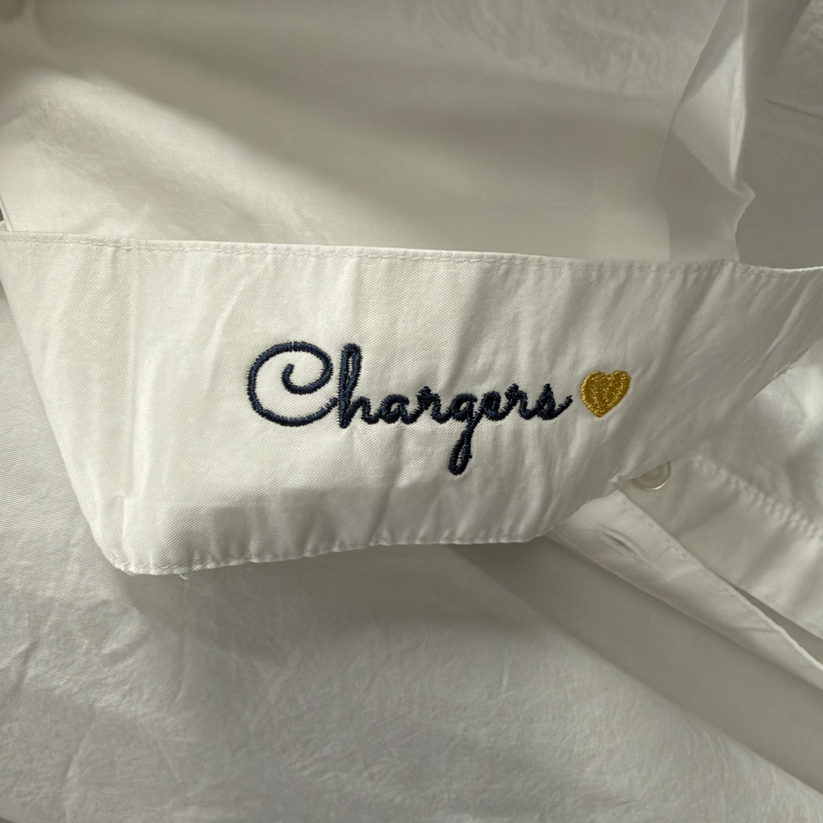 Women's Button Down, white, The Hall and Chargers sleeve