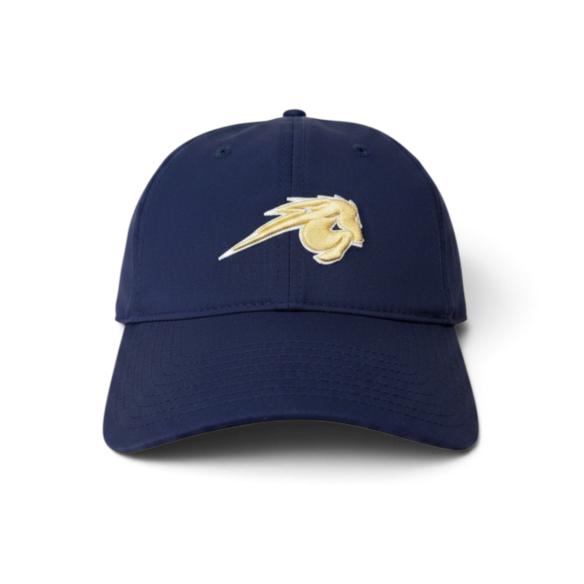 The Game hat, navy, gold horse perforated