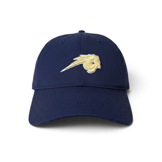 The Game hat, navy, gold horse perforated
