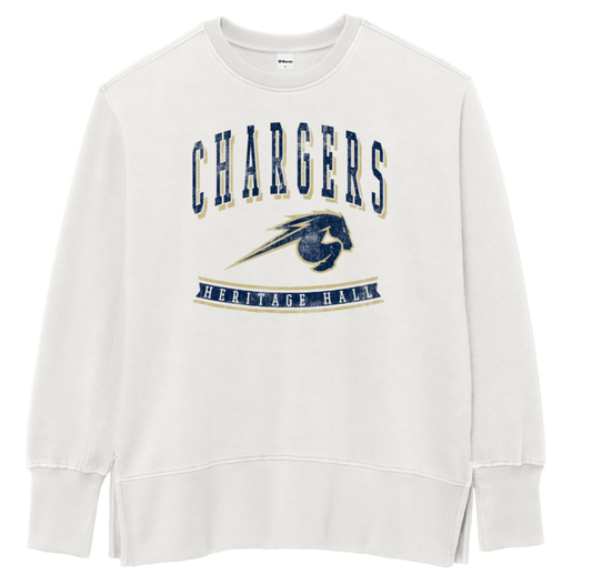Women's Ouray sweatshirt, vintage white, CHARGERS horse over HHall