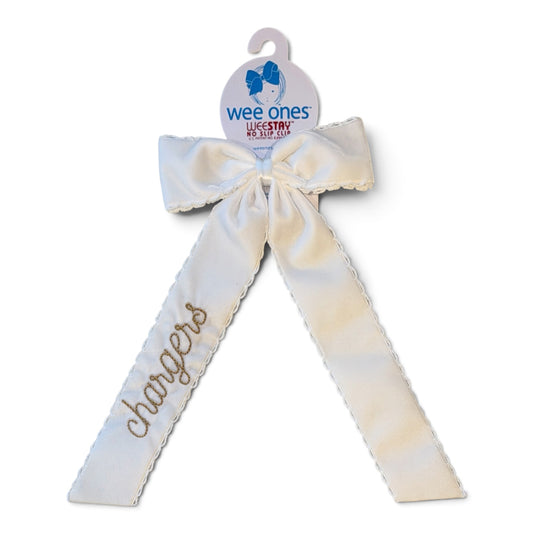 Medium Velvet Bow with tails, white, Heritage Hall embroidered