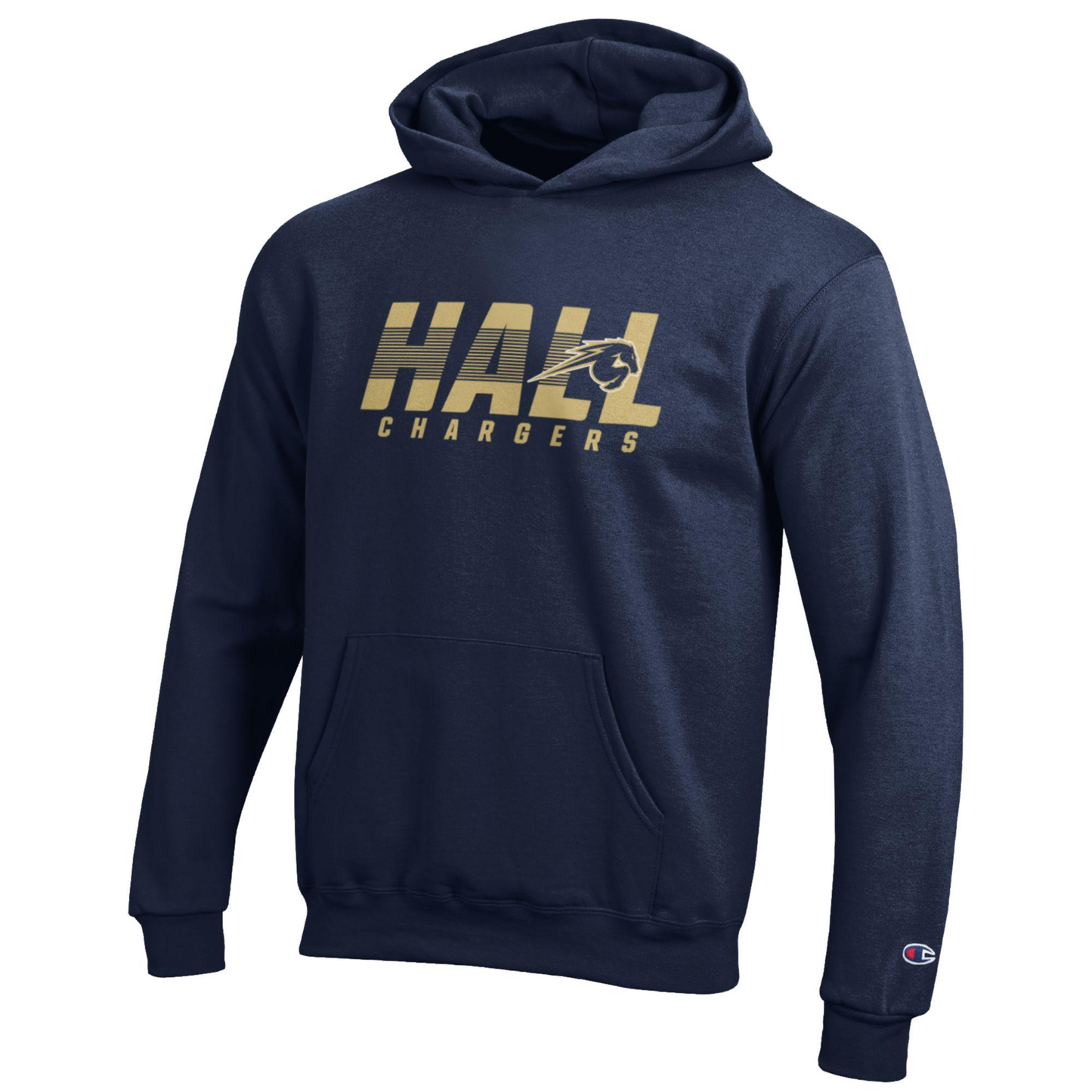 Youth PB hoodie, Champion, marine navy, HALL horse through over Chargers