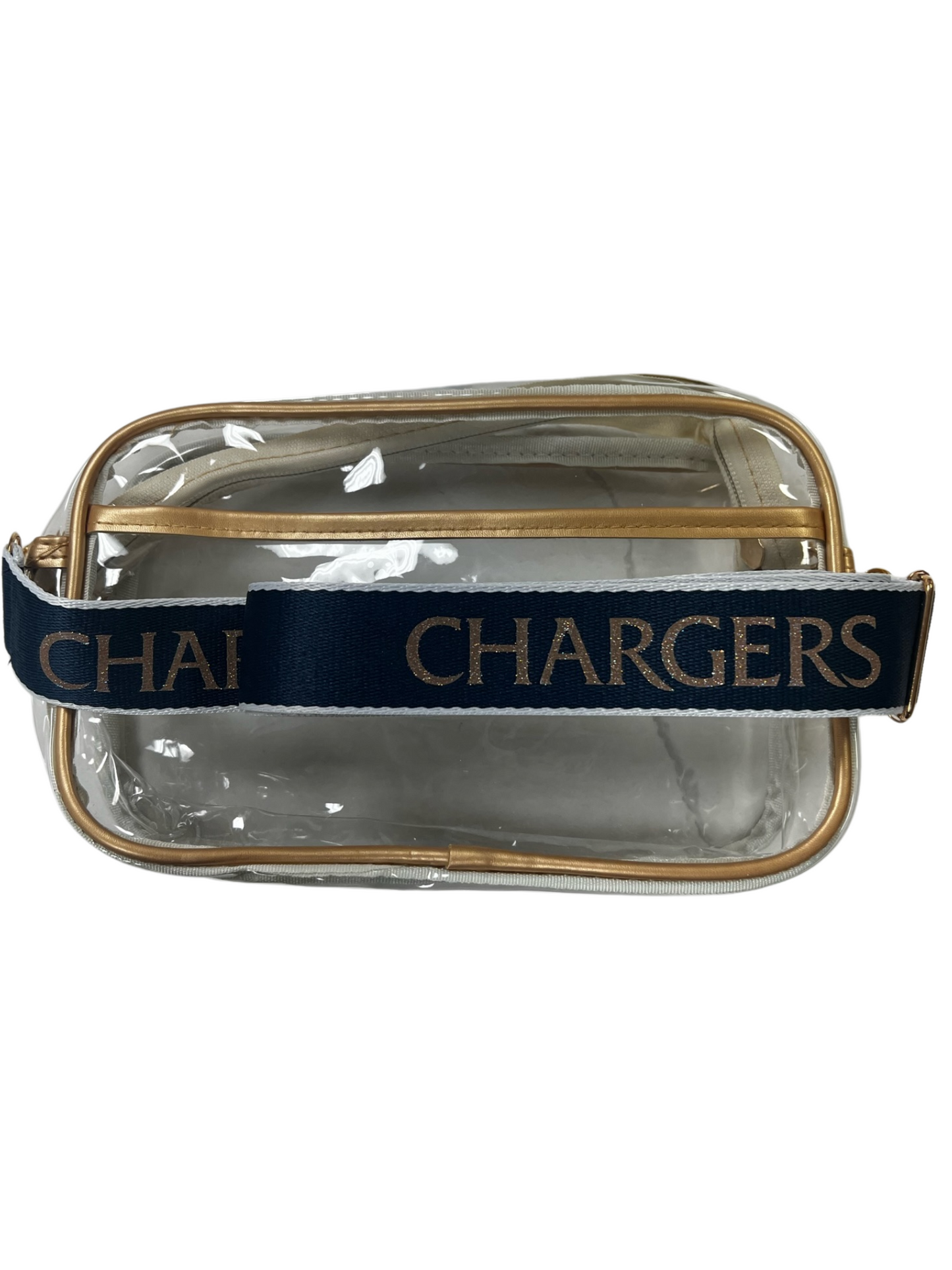 Clear purse with gold piping, navy gold Chargers strap