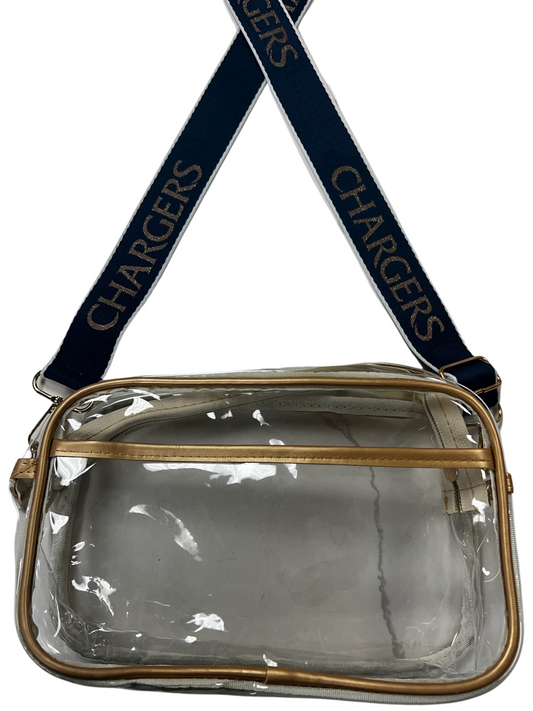 Clear purse with gold piping, navy gold Chargers strap