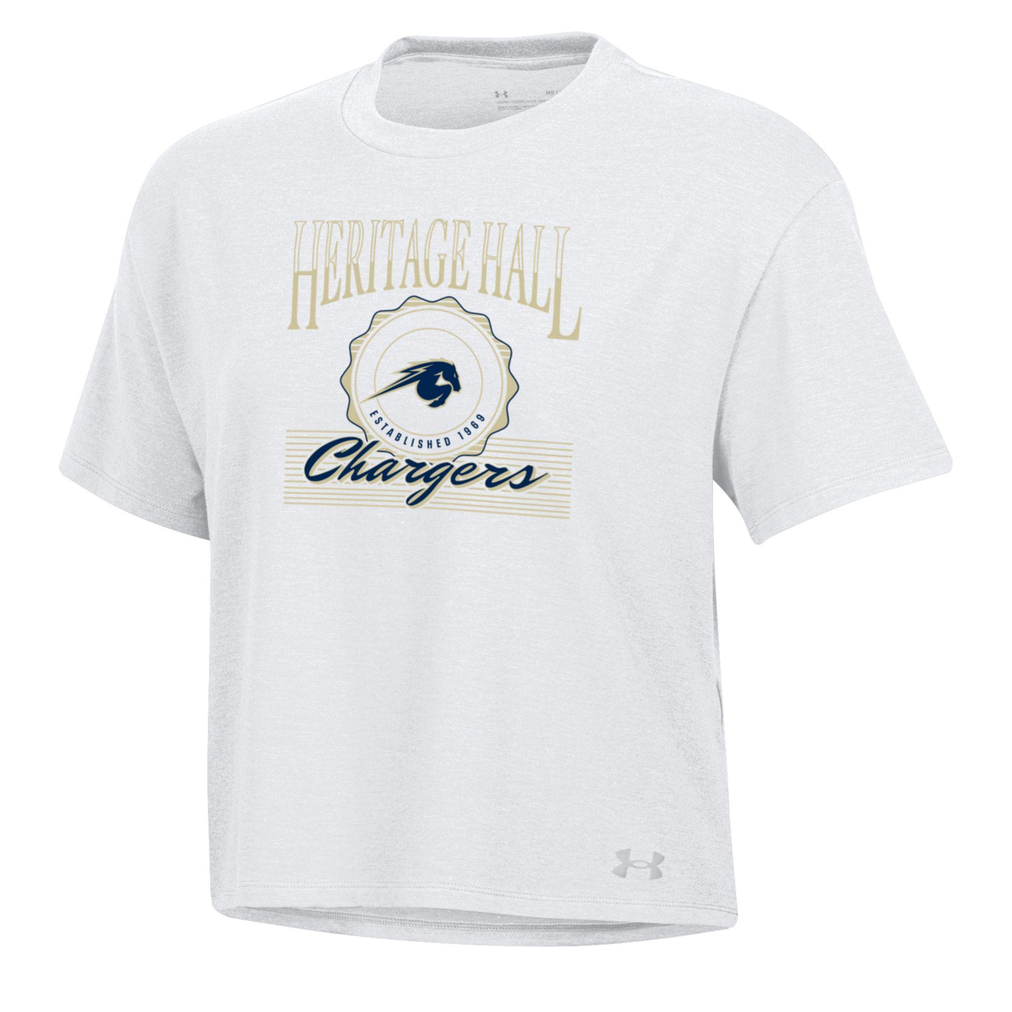 Women’s UA tee, white, retro horse seal HHall Chargers