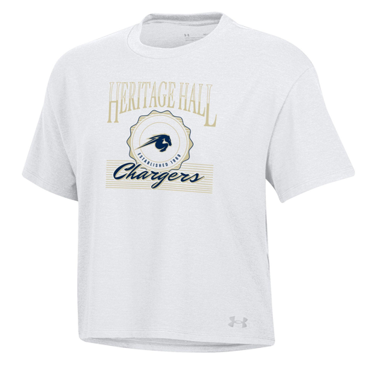 Women’s UA tee, white, retro horse seal HHall Chargers