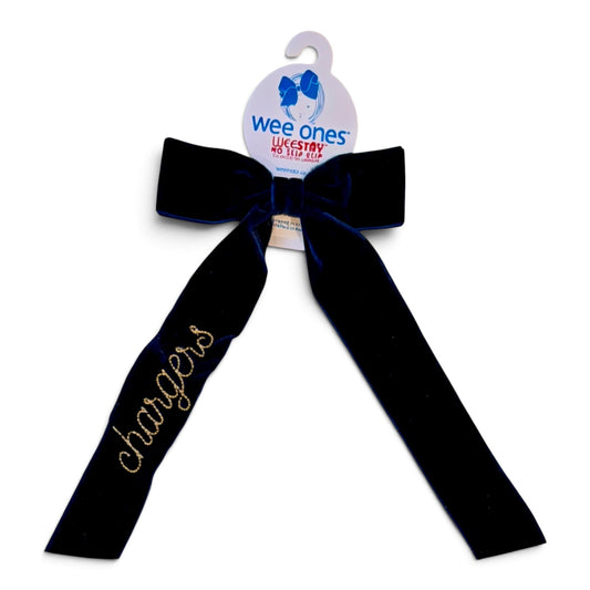 Medium Velvet Bow with tails, navy, Chargers embroidered