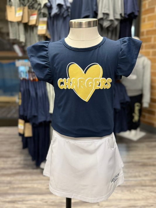 Toddler Flutter sleeve navy shirt, heart Chargers