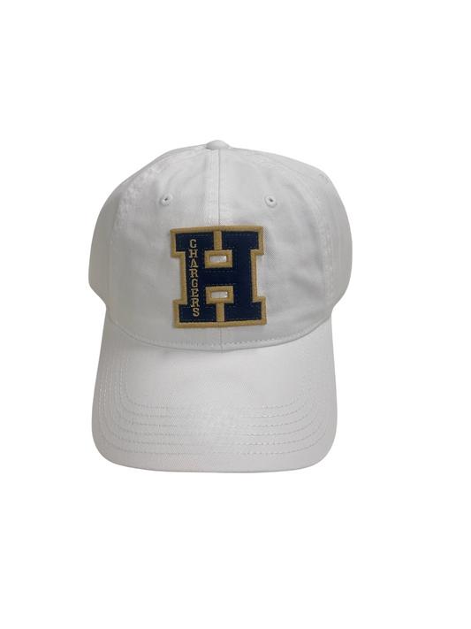 Hat, white, navy embroidering H, gold trim and vertical CHARGERS