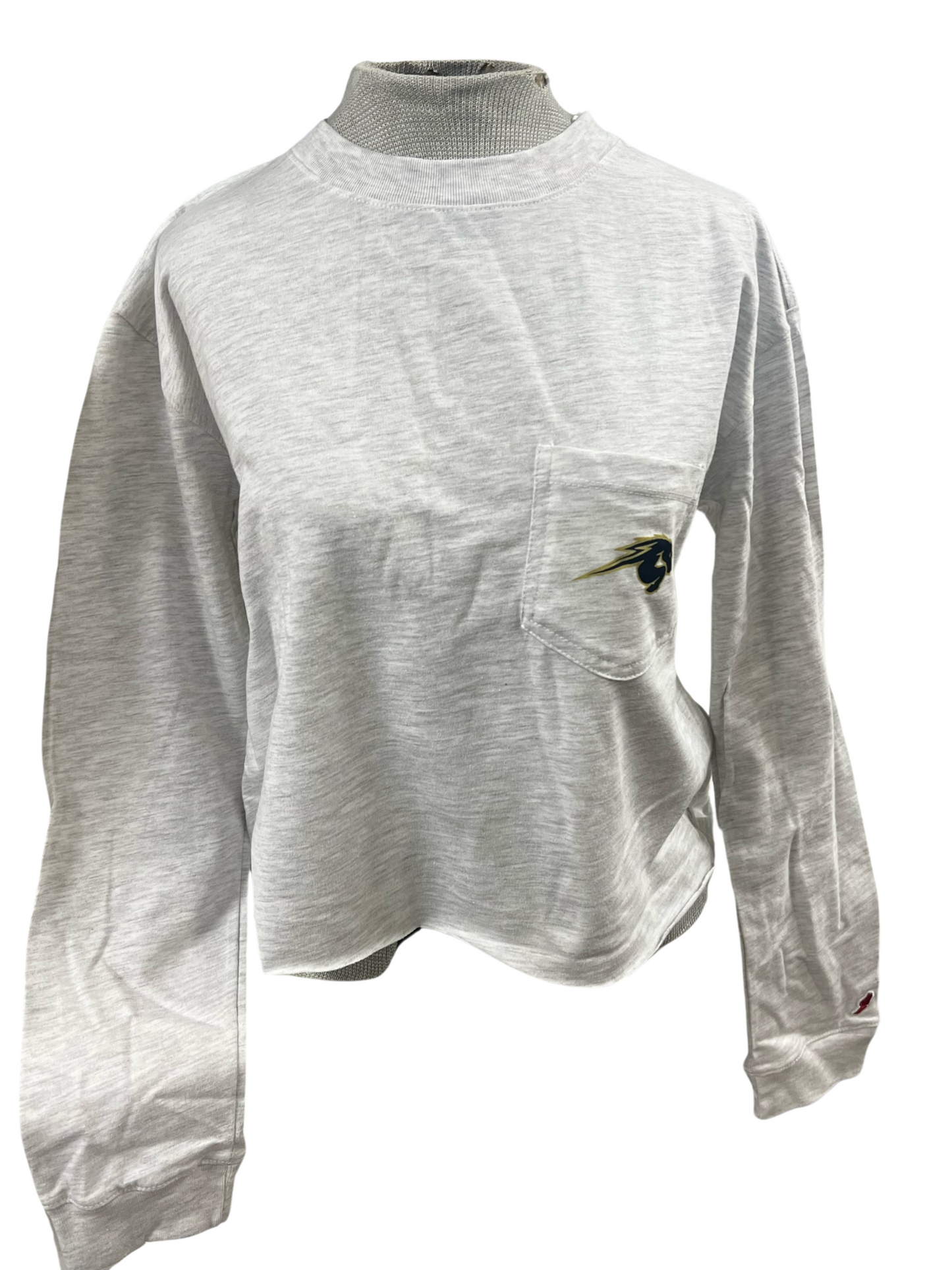 Women's long sleeve t-shirt, cropped, grey, front pocket horse