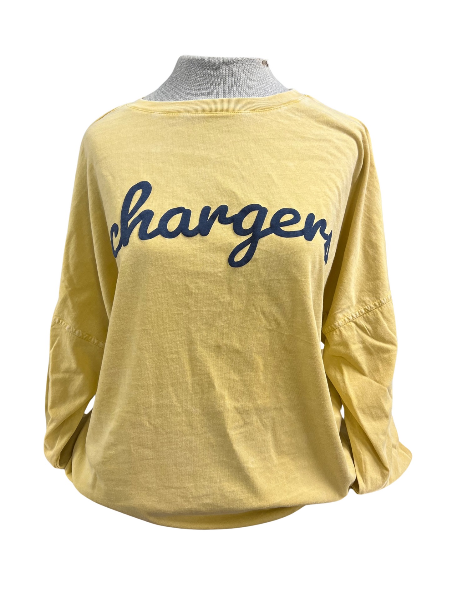 Women's Chicka-d long sleeve tee, gold, navy Chargers script