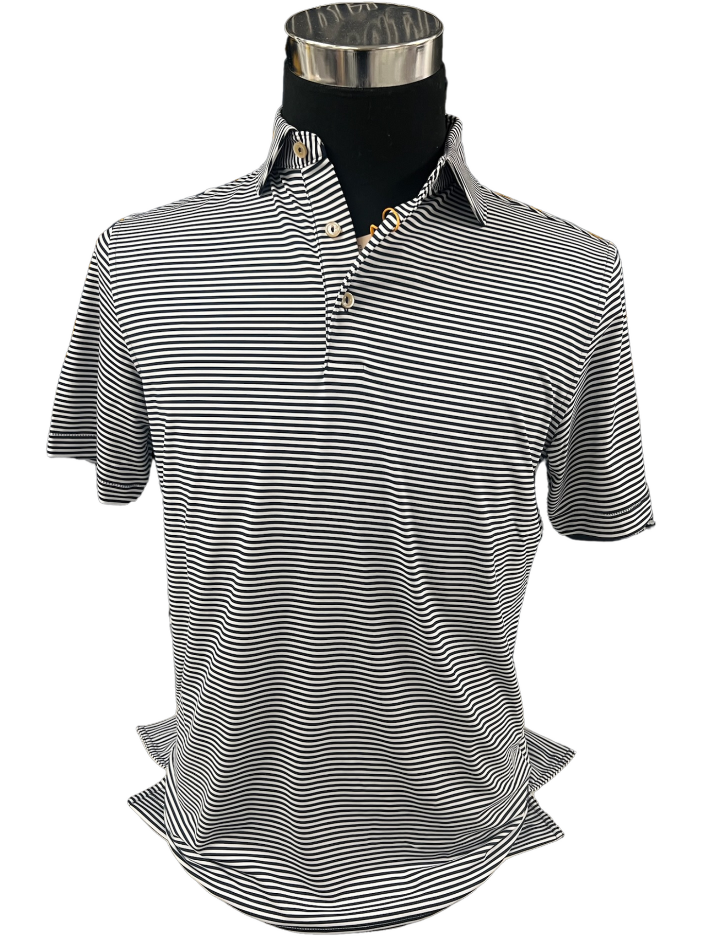 Men's Peter Millar Polo, navy/white striped, sleeve stacked Hs