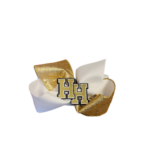 Spirit Society gold glitter/white bow, stacked Hs