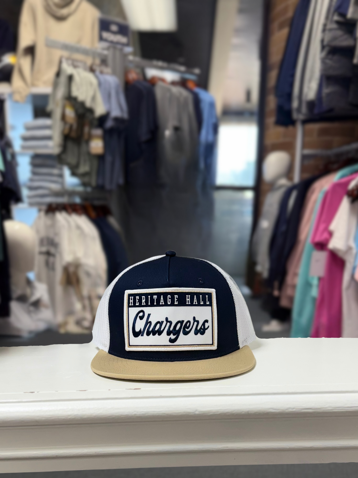 The Game Hat, navy/white, tan bill, Chargers script