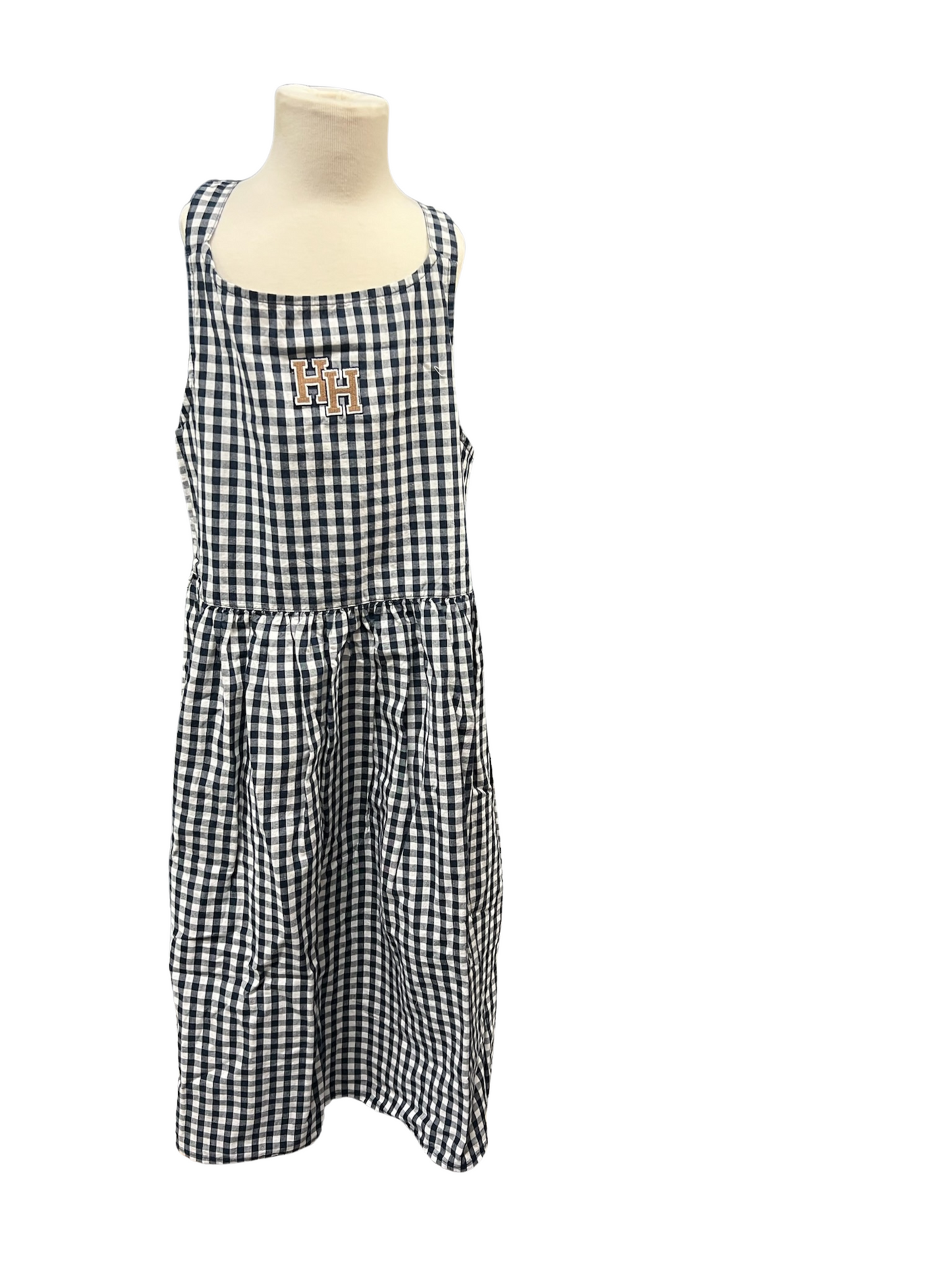 Toddler and Youth dress, blue/white check, gold stacked Hs