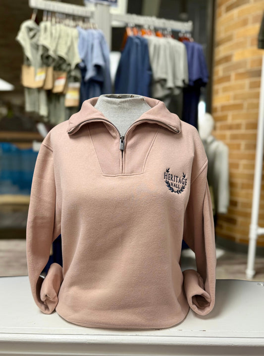 Women's 1/4 zip Sweatshirt, Rose, Her. Hall leaves